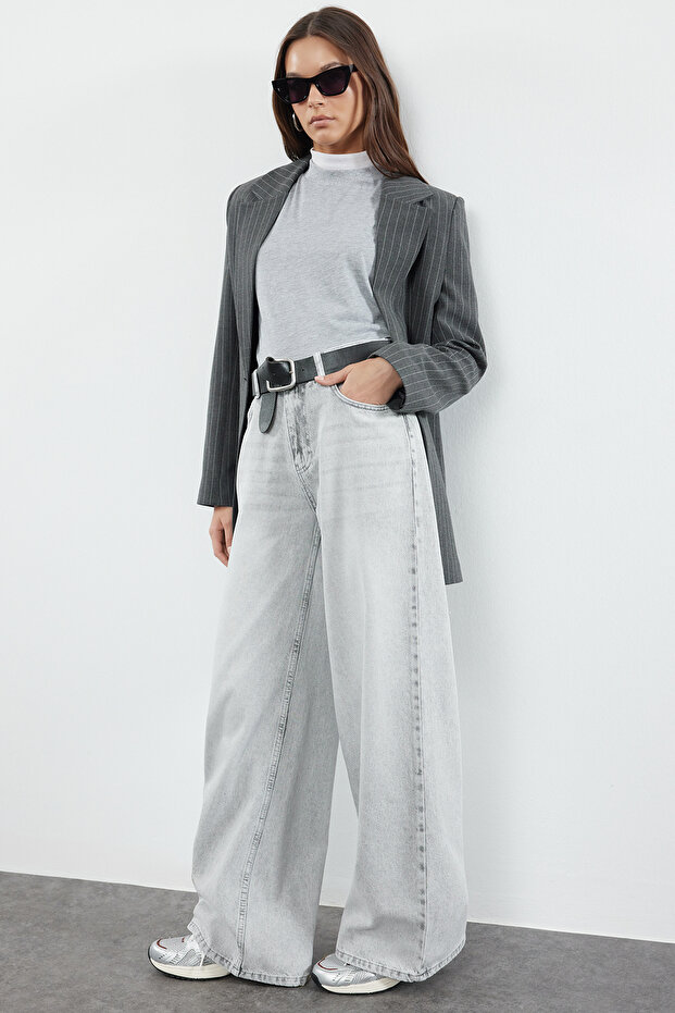 Gri Yüksek Bel Ekstra Geniş Paça Wide Leg Palazzo Geniş Paça %100 Pamuk Jeans TWOAW25JE00102 - 1