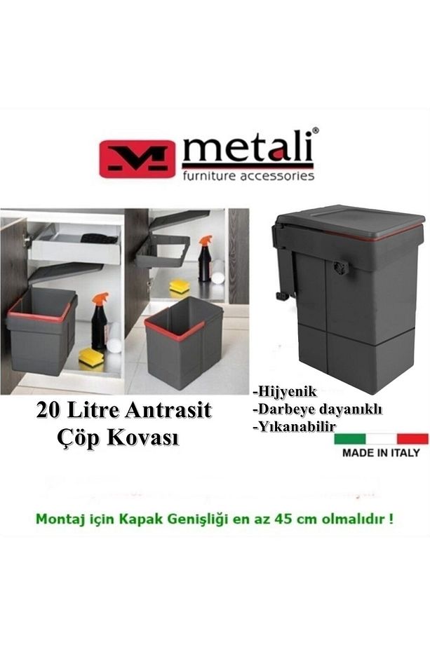 Kapağa Monte Çöp Kutusu Antrasit 20 Litre (KAPAK GENİŞLİĞİ MİN. 45 CM) - 1