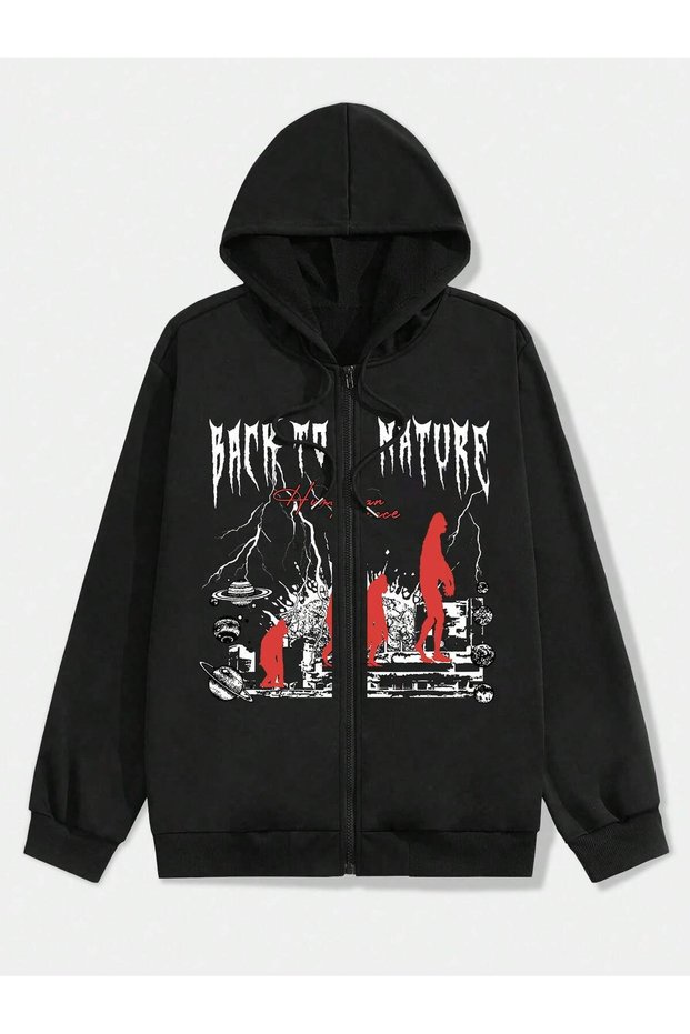 Back to Nature Sweatshirt Zippered Cardigan - Black Printed Oversize Pocket Winter Hoodie