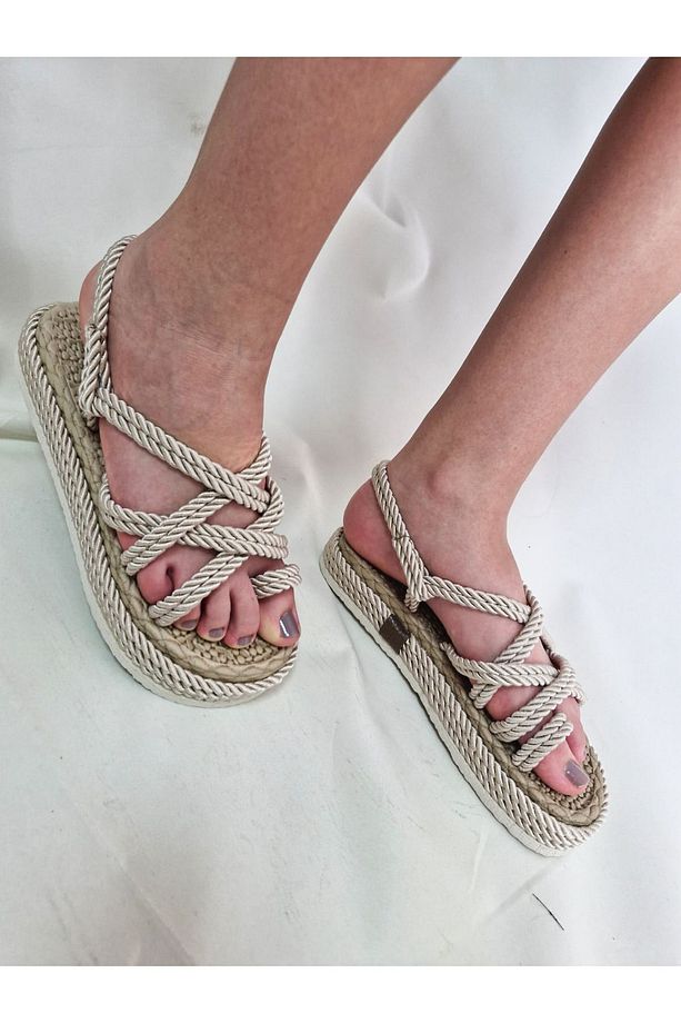 Unisex Hasır Bej Halat Yüksek Taban Sandalet - 6