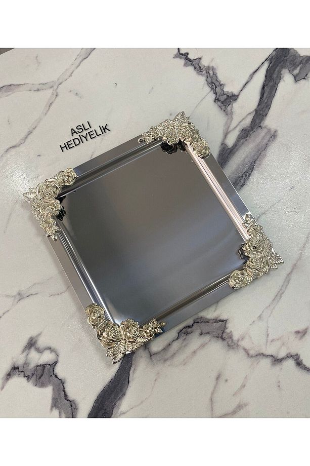 1 Adet Lüx  4 köşesi Gümüş Çicek Gümüş Kare Kaplama Model çay,kahve,ikram servis Sunum Tepsisi 21x21 - 2