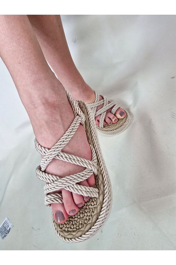 Unisex Hasır Bej Halat Yüksek Taban Sandalet - 5