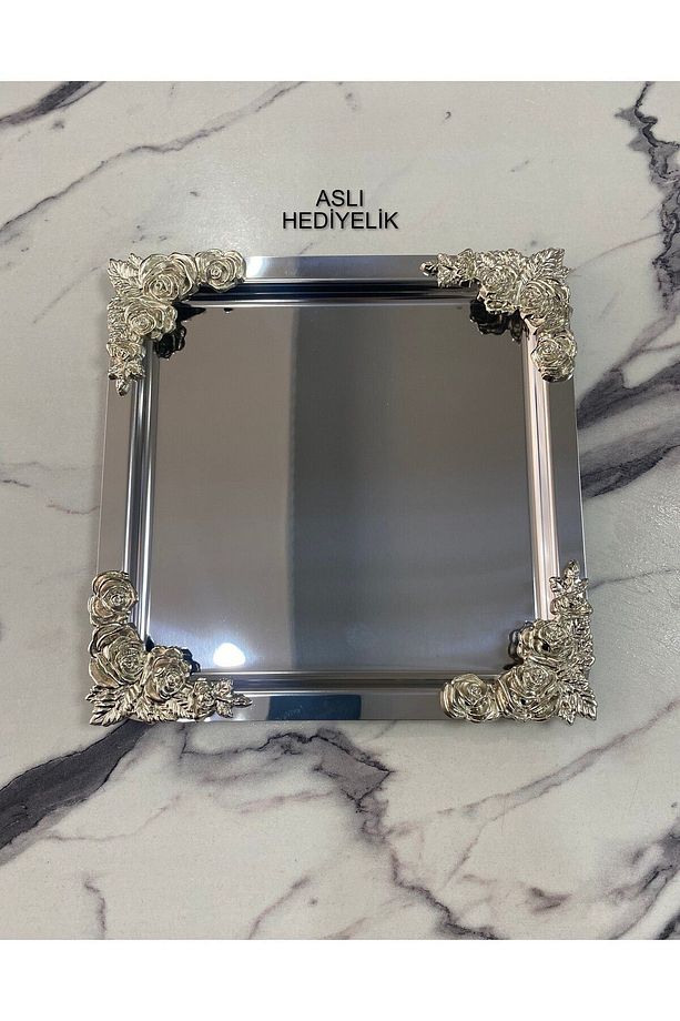 1 Adet Lüx  4 köşesi Gümüş Çicek Gümüş Kare Kaplama Model çay,kahve,ikram servis Sunum Tepsisi 21x21 - 3