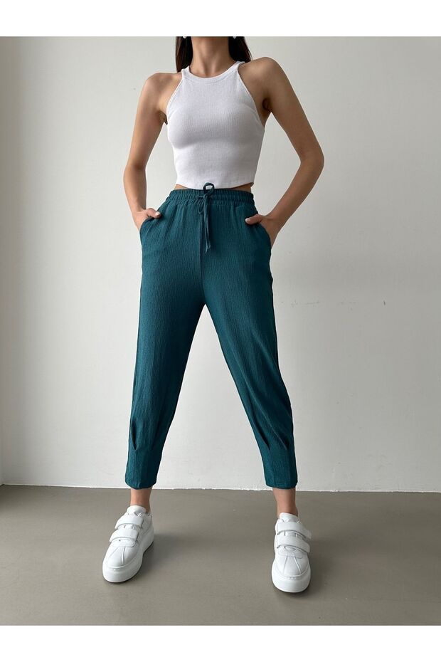 Women's Petrol Green Pleated Leg Trousers