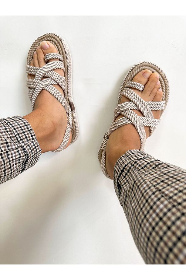 Unisex Hasır Bej Halat Yüksek Taban Sandalet - 7