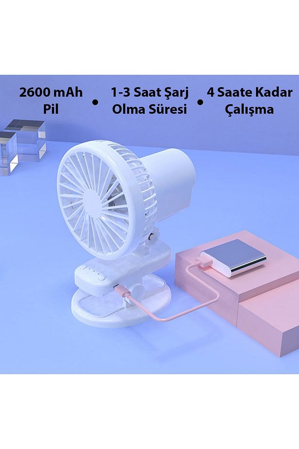 3 Kademe Şarjlı Mandallı 120° Taşınabilir Fan Vantilatör F02 - 3