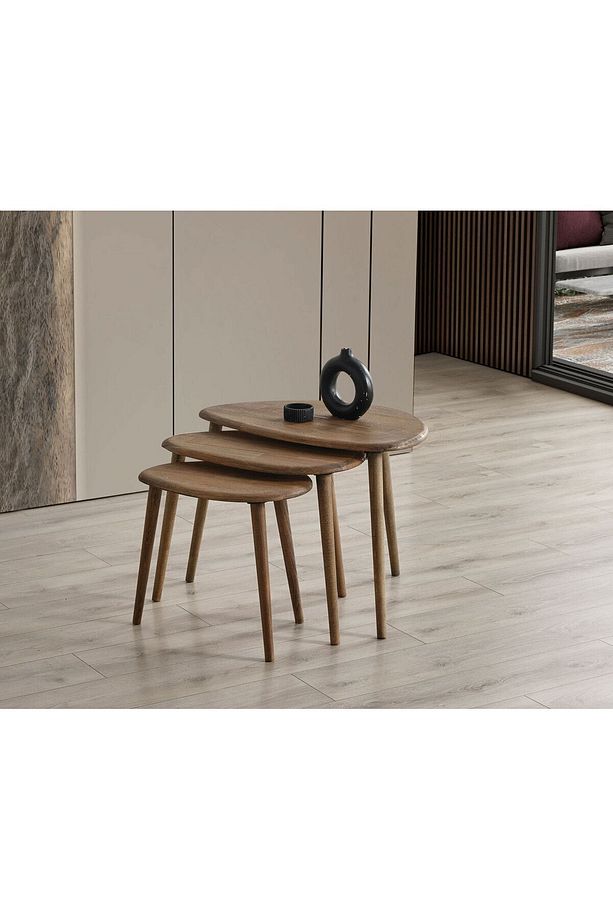 Masif Doğal Ahşap Zigon Sehpa 3'lü Set, Modern Masif Yan Sehpa - 3