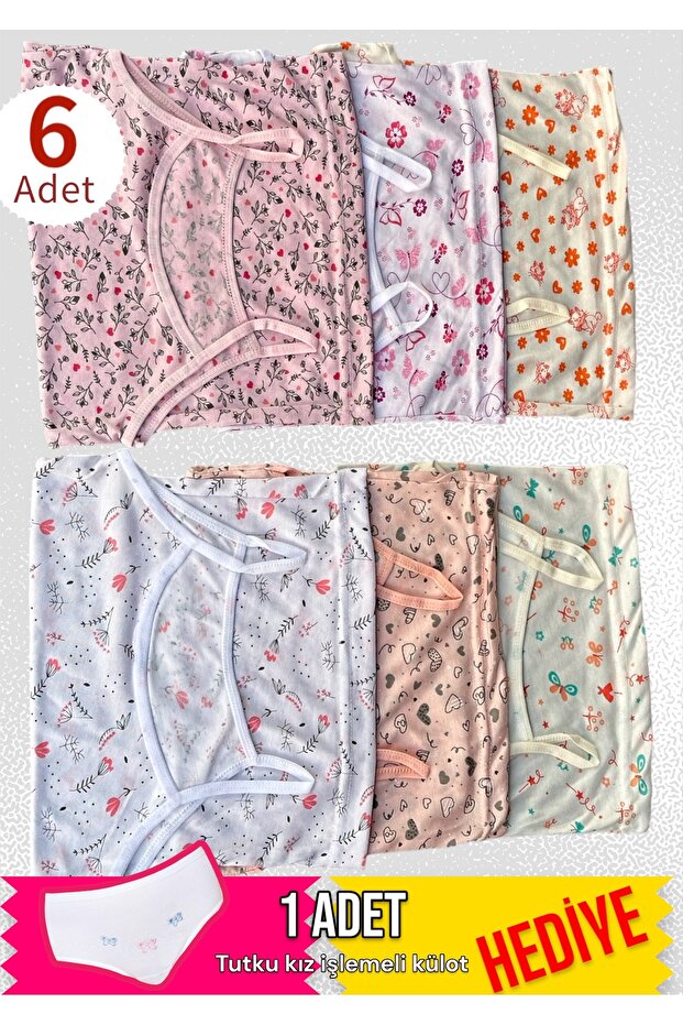 Tutku Girls' Underwear with Gift - 6-Piece Set of Patterned Viscose Girls' Undershirts with String Straps