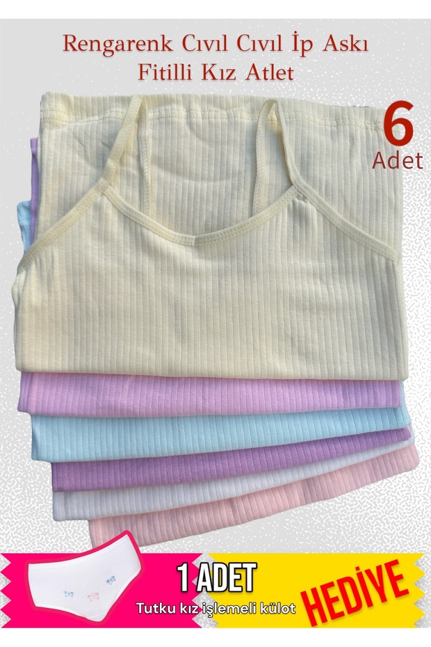 6-Piece Set of Corded Pastel Colored Girls' Undershirts with String Straps - Tutku Girls' Underwear as a Gift