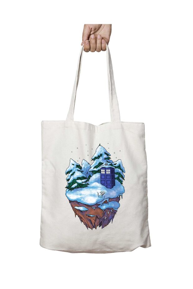 Tardis on a Floating Winter Island Doctor Who Two-Sided Permanent Printed Washable Bag