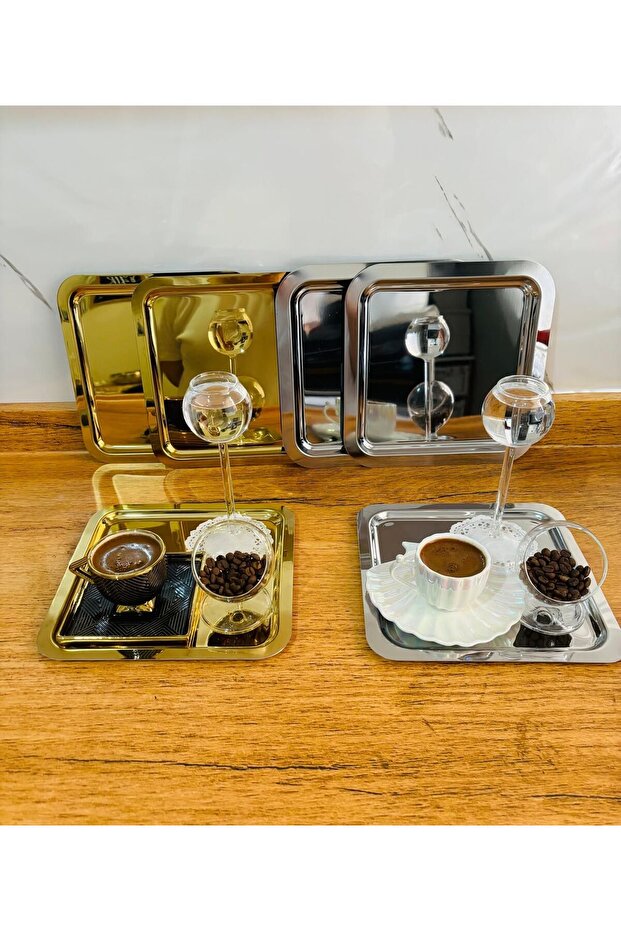 3 Silver 3 Gold Stainless Steel 21X21Cm Square Tea, Coffee, Cake Serving Tray Decorative Presentation Tray