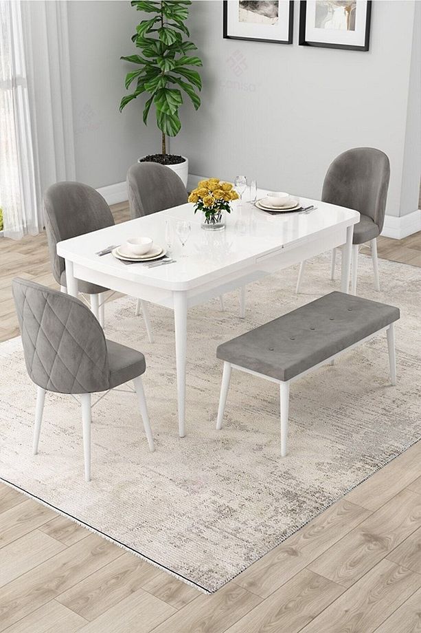 Rut Serisi Açılabilir 80x132 Beyaz Masa Ceviz Ayak Mutfak Masası Takımı 4 Capucino Sandalye 1 Bench - 1