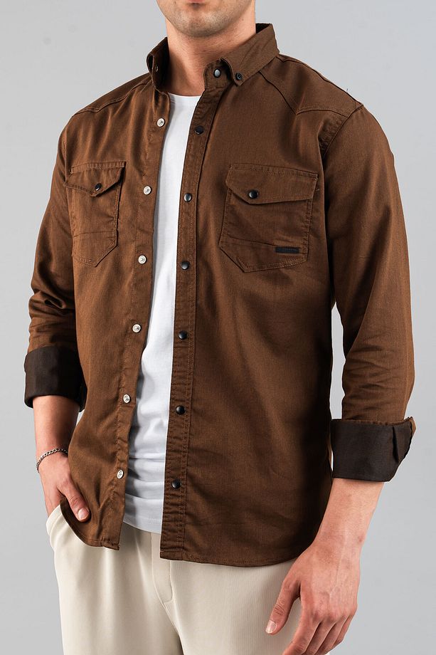 Slim Fit Erkek Pamuklu Kot Gömlek Bakır - 2