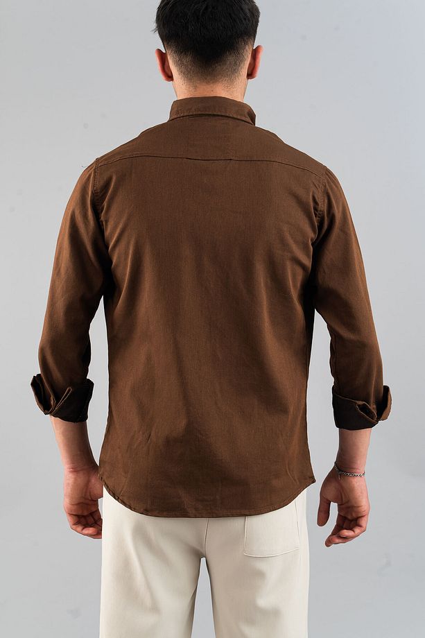 Slim Fit Erkek Pamuklu Kot Gömlek Bakır - 4