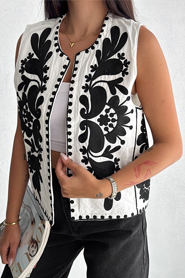 Women's White Embroidered Special Design Linen Vest