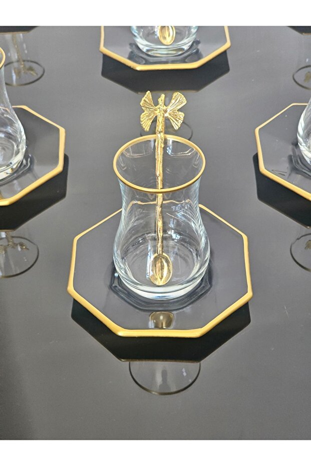 Atlas18 Piece Tea Set Black Eva Cup with Butterfly Teaspoon (Black Glass Tea Plate)