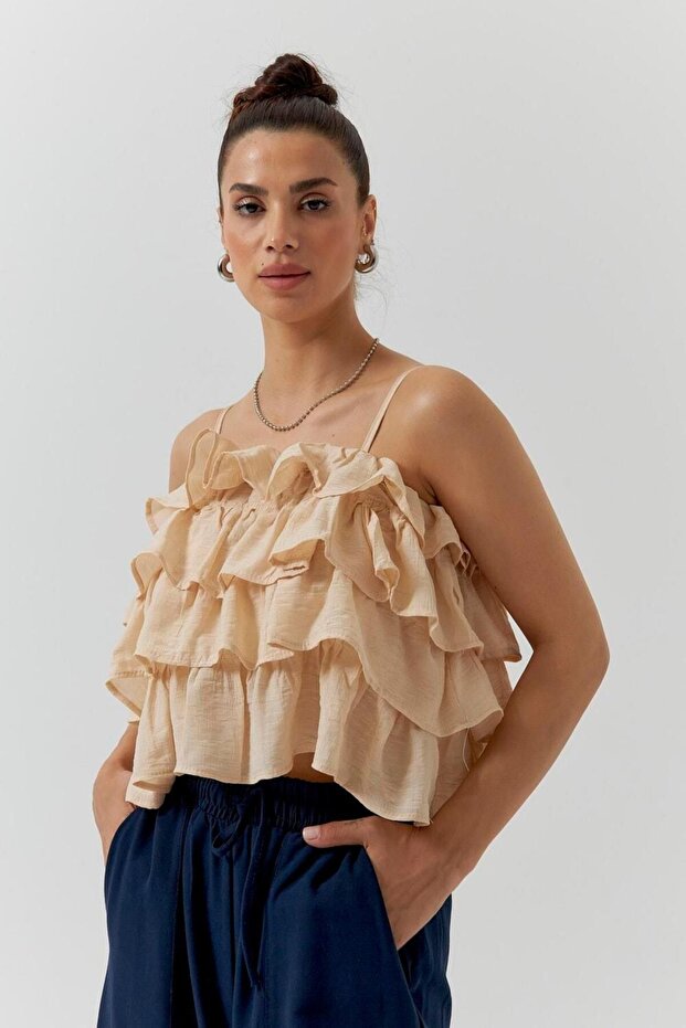 Askılı Kat Kat Bej Bluz - 4