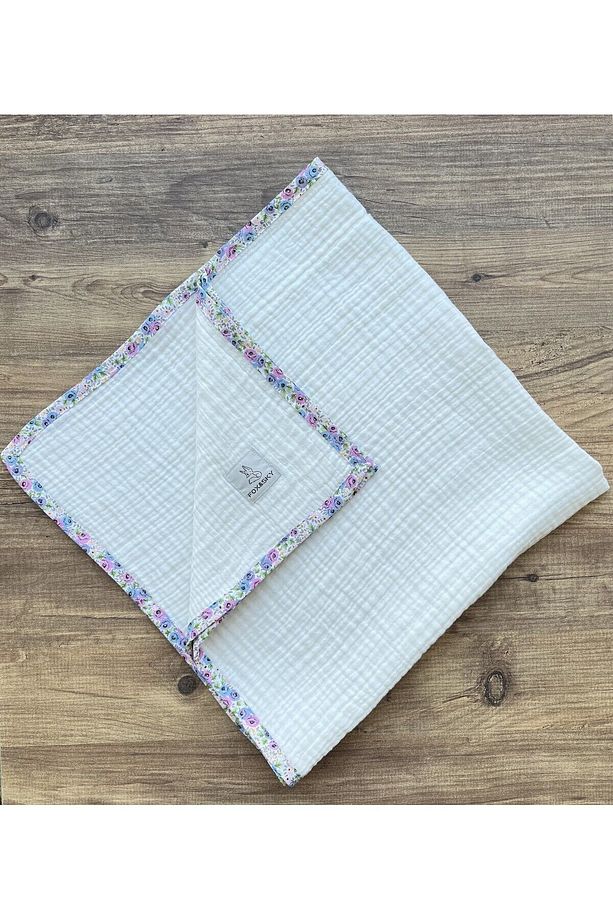 4 Katlı Müslin %100 Organik Pamuk Bebek Battaniyesi – Ekru & Çiçek Desenli Biye – 80x80 Cm - 7