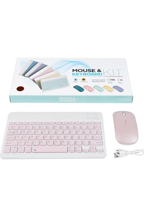 I?pad Air 5. Nesil 10.9" Uyumlu Kablosuz Bluetooth Şarj Edilebilir Klavye Mouse Seti - Pembe - 8