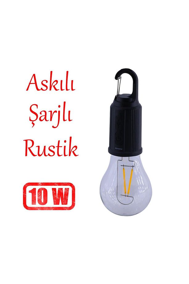 Rustik Taşınabilir Şarjlı Tasarruflu Ampul 10W Led Lamba Type-c Şarj Askılı Asma Aydınlatma - 3