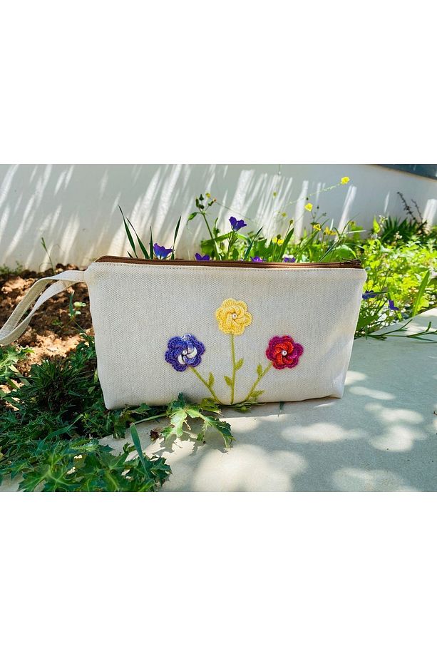 İncili Örgü Çiçek Detaylıel Yapımı Clutch/makyaj/el Çantası - 1