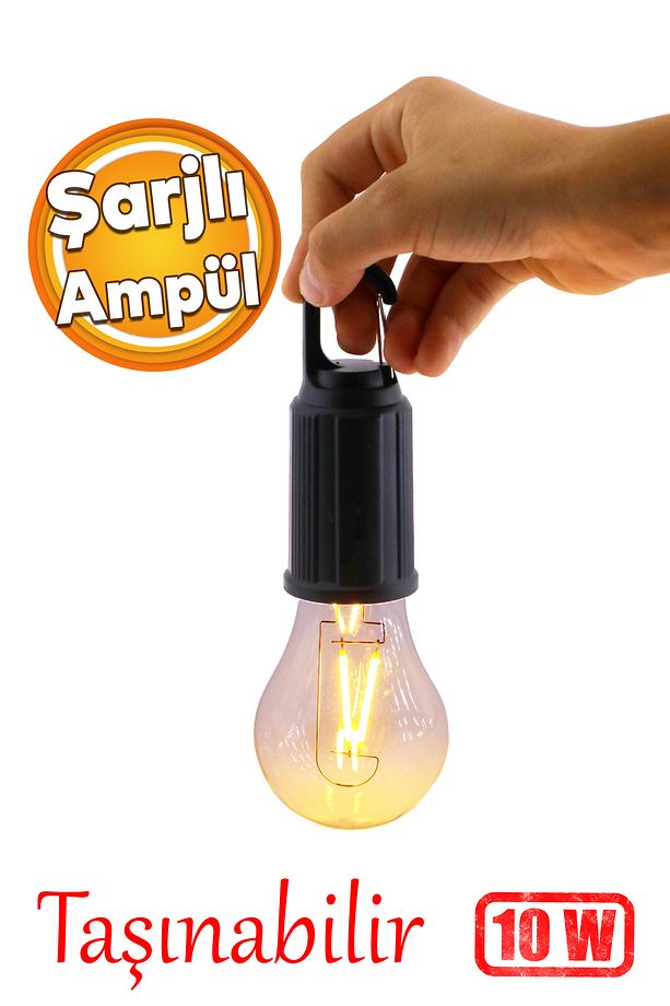 Rustik Taşınabilir Şarjlı Tasarruflu Ampul 10W Led Lamba Type-c Şarj Askılı Asma Aydınlatma - 1