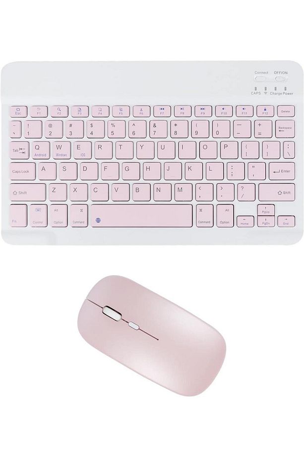 I?pad Air 5. Nesil 10.9" Uyumlu Kablosuz Bluetooth Şarj Edilebilir Klavye Mouse Seti - Pembe - 1