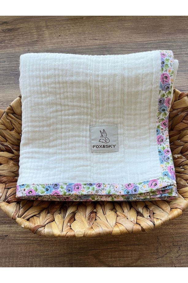 4 Katlı Müslin %100 Organik Pamuk Bebek Battaniyesi – Ekru & Çiçek Desenli Biye – 80x80 Cm - 2