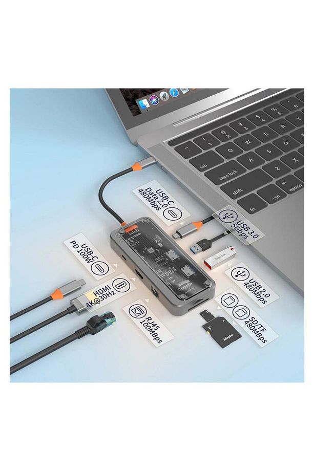 MT55 Mac ile Uyumlu Thunderbolt 3 Type-C USB Adaptör Hub 8in1 4K HDMI RJ45 100Mbps SD Kart Okuyucu - 2