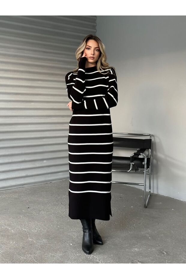 Women's Striped Long Sleeve Knitwear Dress - Black