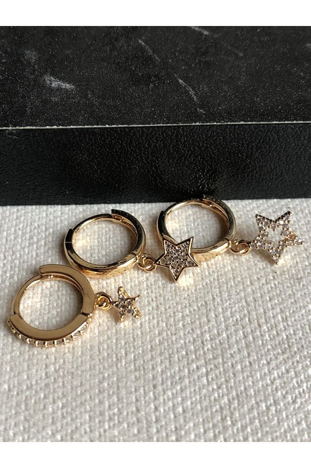 Kadın Zirkon Taş Üçlü Yıldız Model Gold Küpe Seti - 2