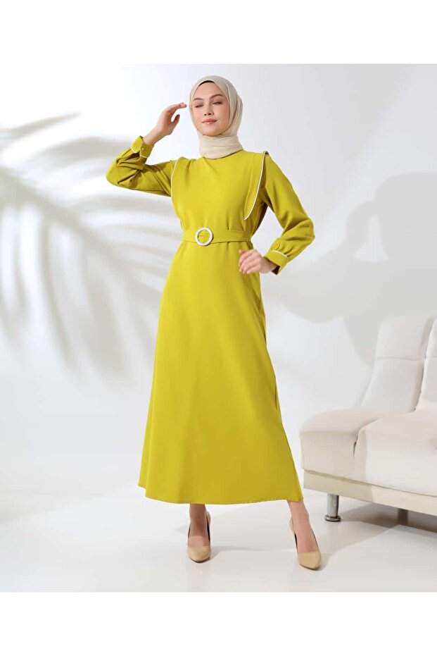 Women's Hijab Long Dress with Epaulettes and Intermediate Piping Belt