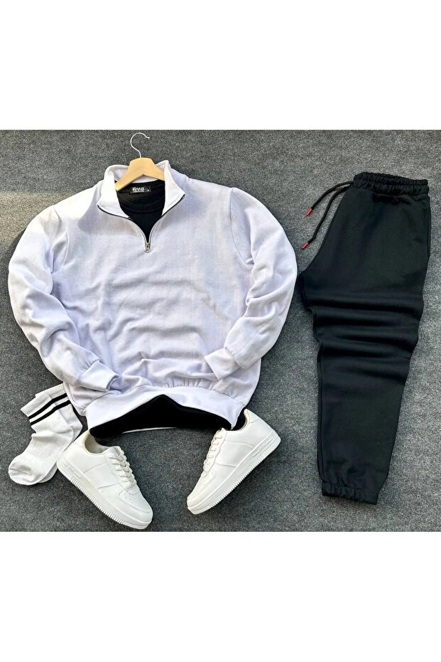 Half Zipper Printed Cotton Black Sweat-Cotton Black Sweatpants Set Bottom Top 2-Piece
