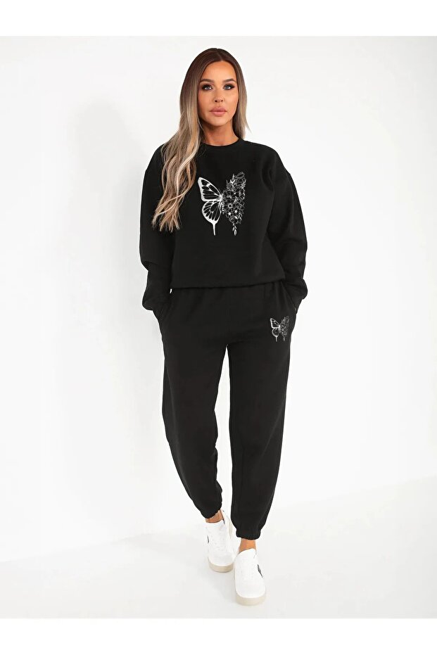 طقم رياضي سويت شيرت Jogger - هوديي بشريط مطبوع كبير الحجم