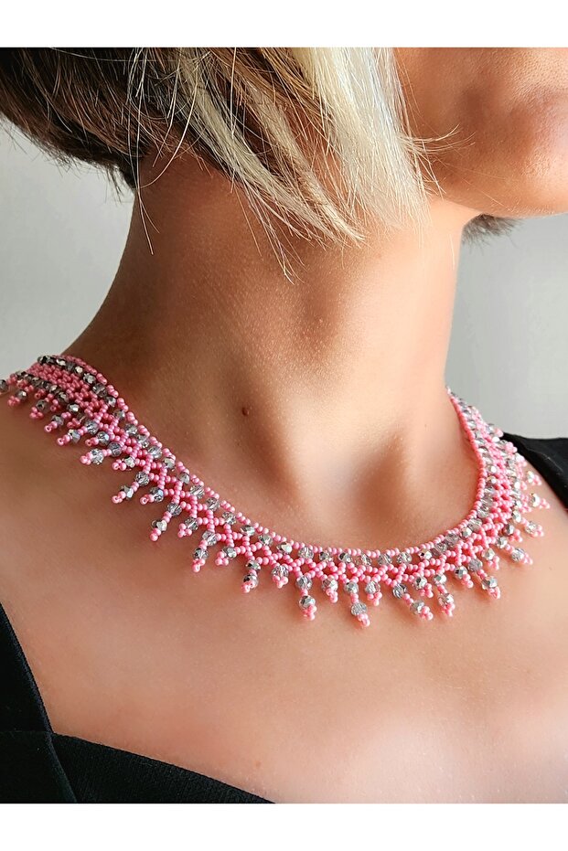 Ethnic Bohemian Pink Silver Cluster Model Sand Crystal Bead Necklace Handmade