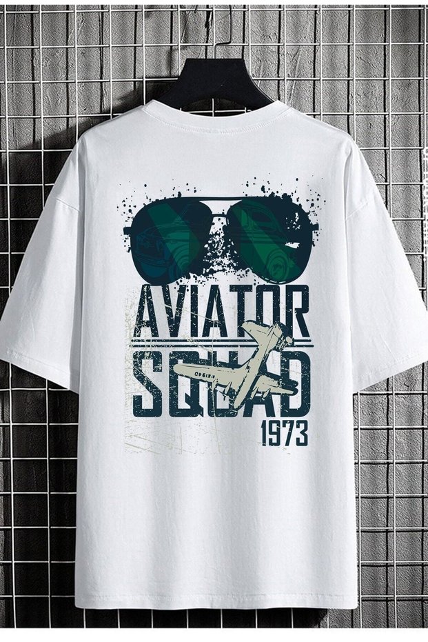 Men's Oversize Loose Cut White Color Cotton T-shirt Aviator Printed