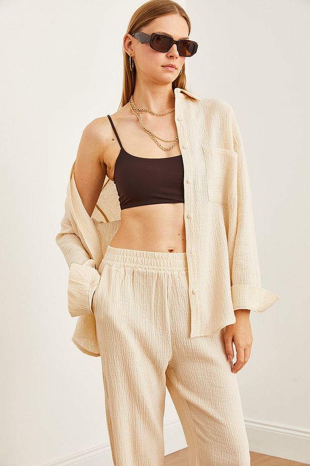 Kadın Taş Oversize Basic Müslin Gömlek GML-19001217 - 3