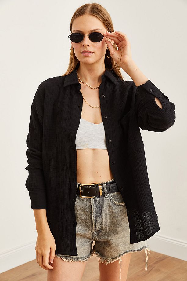 Kadın Siyah Oversize Basic Müslin Gömlek GML-19001217 - 5