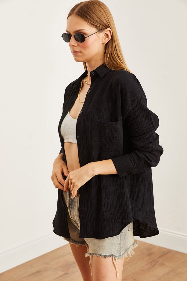 Kadın Siyah Oversize Basic Müslin Gömlek GML-19001217 - 6