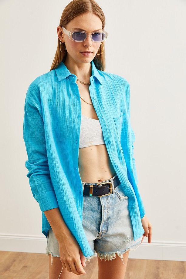 Kadın Mavi Oversize Basic Müslin Gömlek GML-19001217 - 7