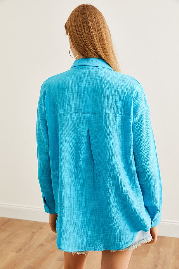 Kadın Mavi Oversize Basic Müslin Gömlek GML-19001217 - 3