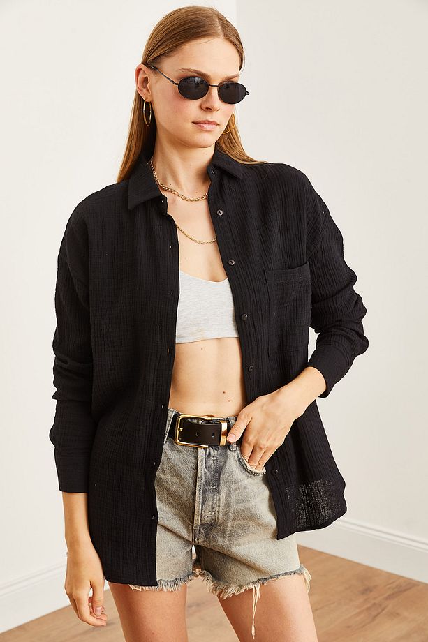 Kadın Siyah Oversize Basic Müslin Gömlek GML-19001217 - 4