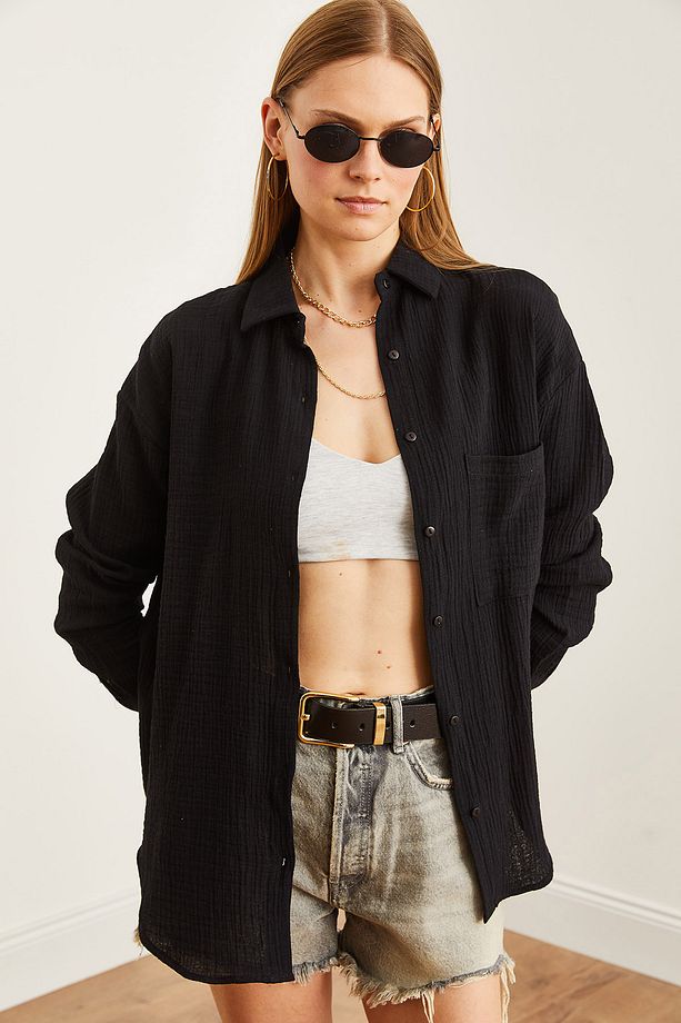 Kadın Siyah Oversize Basic Müslin Gömlek GML-19001217 - 8