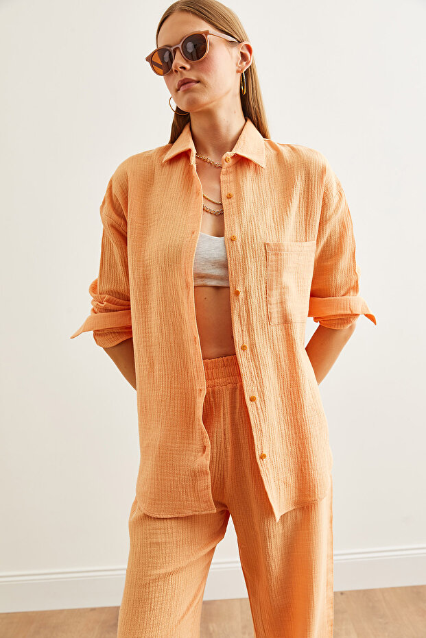 Kadın Somon Oversize Basic Müslin Gömlek GML-19001217 - 5