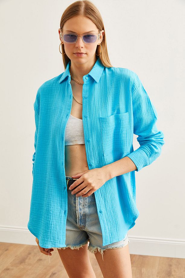 Kadın Mavi Oversize Basic Müslin Gömlek GML-19001217 - 1