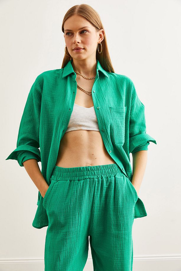 Kadın Çimen Yeşili Oversize Basic Müslin Gömlek GML-19001217 - 6