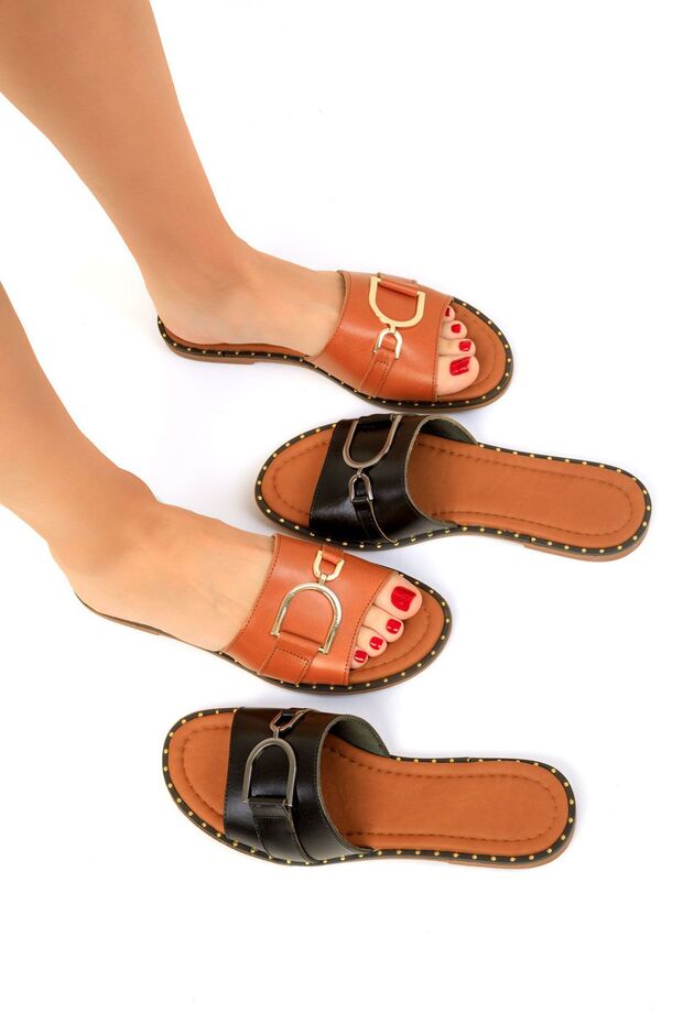 Tan Genuine Leather Women's Slippers 19480