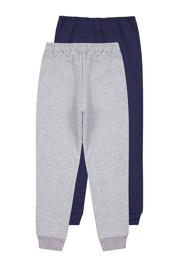 Lacivert-Açık Gri 2'li Beli Lastikli Jogger Düz/Basic Okul Unisex Çocuk Eşofman Altı TKDAW25EA00000 - 3