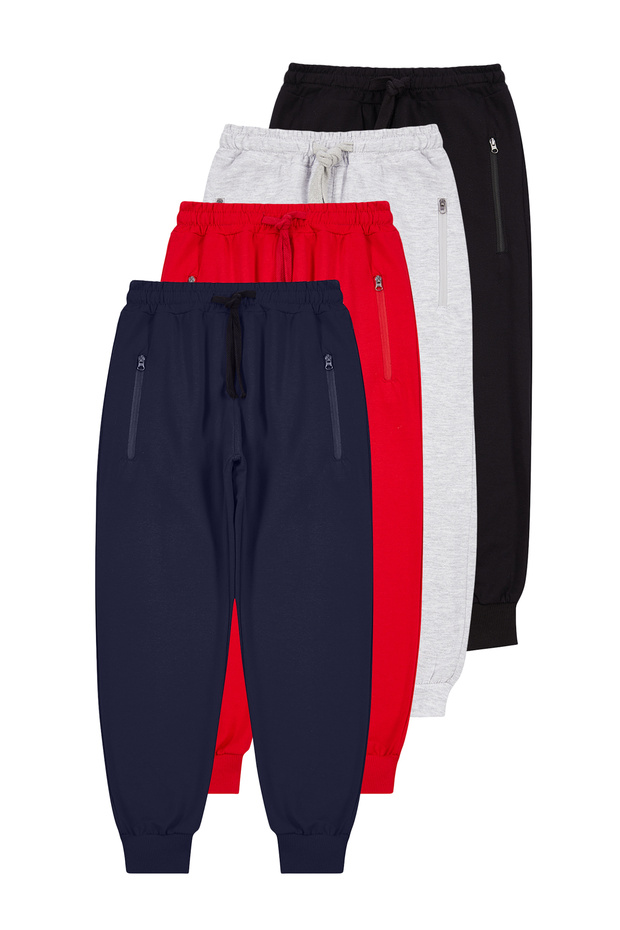 Kırmızı-Siyah-Lacivert-Gri melanj 4 lü Beli Lastikli 23 Nisan Örme Unisex Eşofman Alt TKDAW25EA00002 - 3