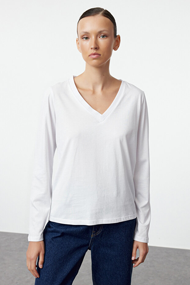 Siyah-Beyaz 2'li Paket %100 Pamuk V Yaka Regular/Normal Kesim Örme T-Shirt TWOAW25TS00002 - 13